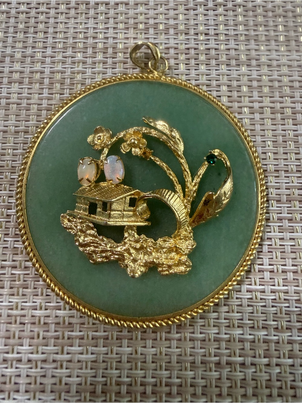 Gold-Tone Jade Green Pendant with Opal Accents